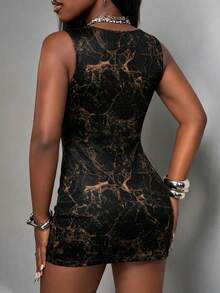 Vestido ajustado sin mangas estilo Y2K para mujer, vestido de malla negra con estampado de mármol, perfecto para el verano, citas de vacaciones y fiestas - Multicolor - Ver 2