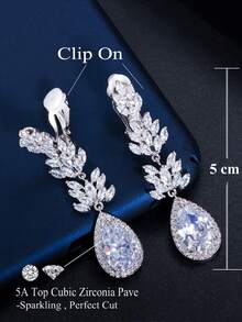 1 Pair Clip On Bridal Long Drop Non Pierced Earrings Silver Plated Cubic Zirconia Wedding Jewelry For Women Brides Bridesmaids Engagement Pageant Party - White - View 5