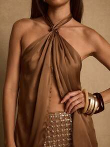 Women's Halter Tank Top Sleeveless Open Back Ruffle Slit Front Silk Satin Shirt Camisole For Party Cocktail - Dark Brown - View 4