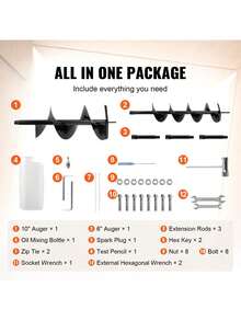 Post Hole Digger, 52cc 1450W Auger Post Hole Digger, Gas Powered Earth Digger With Two Earth Auger Drill Bit 6" & 10" And 3 Extension Rods, For Farmland, Garden And Plant, EPA Certification - 黑色 - 查看 6