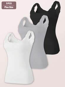 3pcs Plus Size Women Lace Trim Round Neck Patchwork Sleeveless Tank Tops - Multicolor - View 2