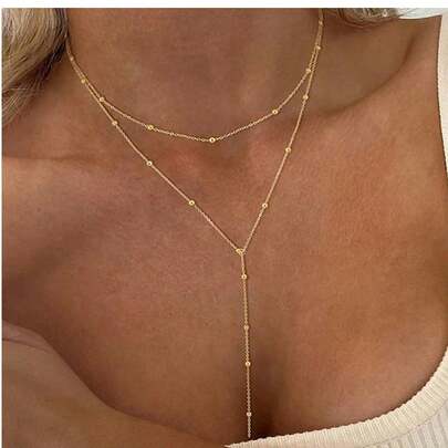 1pc Long Pendant Necklace, Y-Shape Chain With Round Beads, Suitable For Women And Girls Daily Wear (Bead Quantity Varies)
