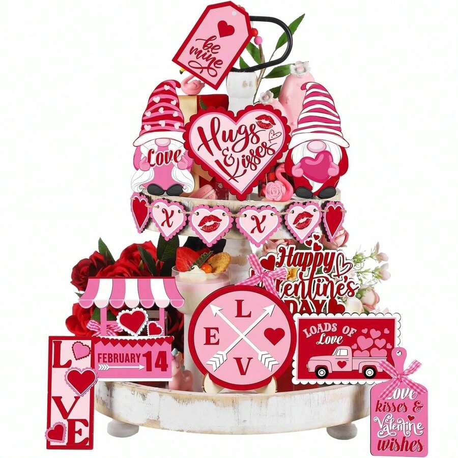 16pcs Valentine's Day Tiered Tray Decor Set, Farmhouse Wooden Valentine's Day Table Decor, Rustic Wooden Heart Hugging & Kissing Table Toppers, Suitable For Wedding Party Gifts (Tray Not Included) - 彩色 - 查看 1