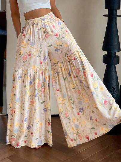 Women's Lightweight Ditsy Floral Loose Wide Leg Pants With All-Over Ditsy Floral, Knot Detail And Ruffle Hem Pockets