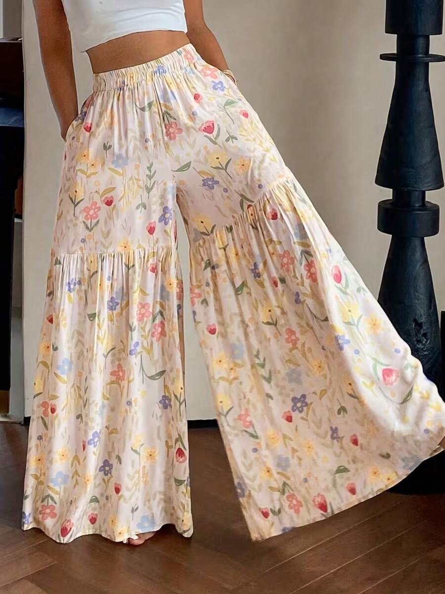 Quần ống rộng dáng suông nhẹ nhàng dành cho nữ, họa tiết hoa nhí khắp thân quần, chi tiết thắt nút và viền bèo nhún có túi, thích hợp cho kỳ nghỉ xuân. - Nhiều màu - Xem 1