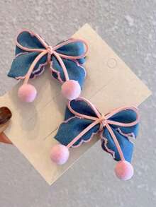 2pcs Cute & Elegant Denim Blue Bowknot Decor Hair Clips, Suitable For Daily Wear - Pink - View 3