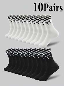 1/5/10 Pairs New Bow Tie Mid-Calf Socks, Thick Mid-Calf Socks With Striped Bow Tie Design, Suitable For Various Outfits, Unisex Couple Mid-Calf Socks