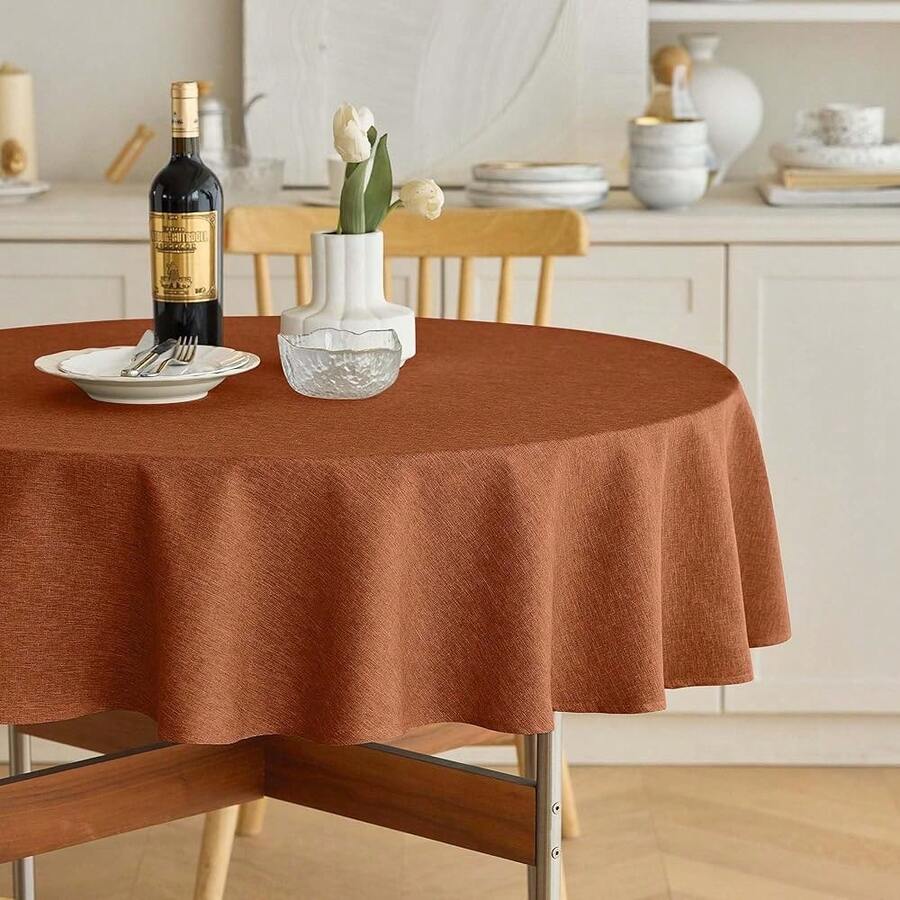 Waterproof Round Tablecloth For Round Dining Table, Decorative Rustic Soft Table Cloths Cover Farmhouse Indoor Outdoor Use For Holiday,Wedding,Kitchen, 70 Inch,Round (4-6 Seats),Burnt Orange,BurntOrange70inchRound - 焦橙色70吋圓形 - 查看 1