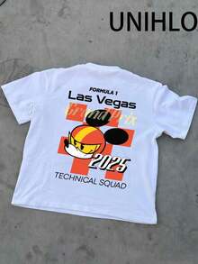 Disney UNIHLO  Street Life Men's Casual Loose  TECHNICAL SQUAD Cartoon  Print Short Sleeve T-ShirtSummer - 白色 - 查看 4