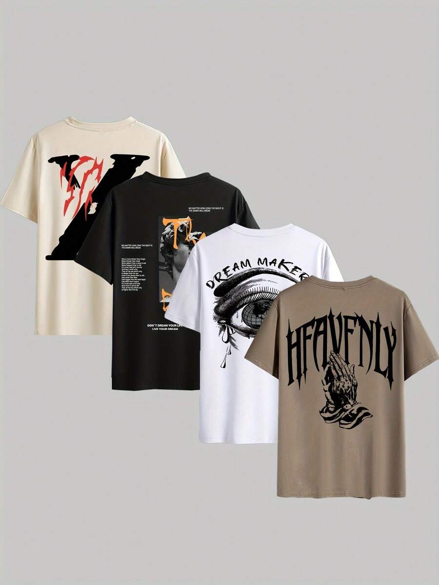 Set Of 4 Men's Graphic T-Shirts With Graffiti Print, Casual Crew Neck, Short Sleeve, Lightweight - PT/BR/BG/MR - 查看 1