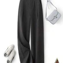 IHIMI Women's Thermal Winter Pants - Thickened Tweed Full-Length Straight-Leg Trousers With Built-In Zipper, Solid Color Elegant Pantsuit For Professional Attire & Cold Weather (Machine Washable) - Xám đậm - Xem 2