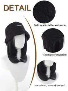 12英寸黑色中长款耐热合成假发，配黑色渔夫帽，女士款 - 彩色 - 查看 5