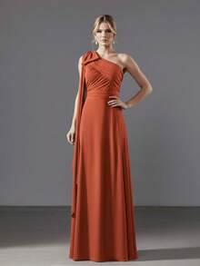 Bridesmaid Dress For Party Guests Reception Graduation Without Shine Cape Sleeve In Fluity - 紅陶 - 查看 2