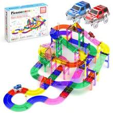 OP-PicassoTiles - Juego de 100 Piezas de Azulejos magnéticos para Pista de Carreras con Coches LED Caminos Ajustables y señales Kit de Juguetes de construcción Stem para niños y niñas de 3 años en