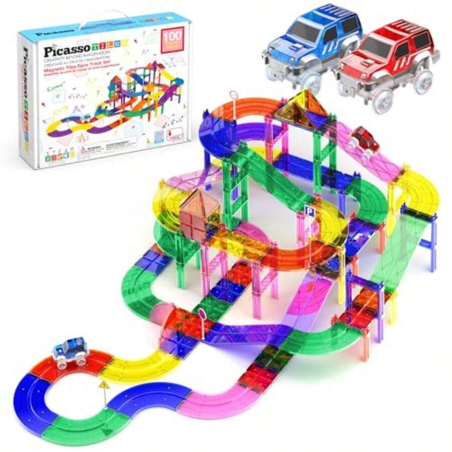 OP-PicassoTiles - Juego de 100 Piezas de Azulejos magnéticos para Pista de Carreras con Coches LED Caminos Ajustables y señales Kit de Juguetes de construcción Stem para niños y niñas de 3 años en