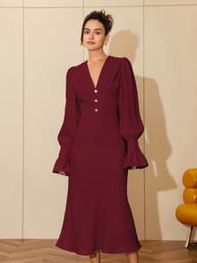 女士纯色V领长袖鱼尾连衣裙，优雅晚宴约会度假装，酒红色，春季款 - 酒紅色 - 查看 7