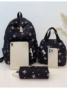 三件套：休闲背包、午餐包和铅笔盒，碎花图案，蝴蝶结装饰，适合中学生，用途广泛 - 黑色 - 查看 4