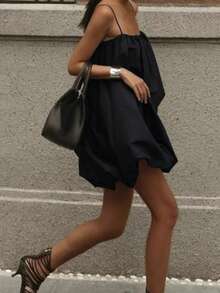 Women's Casual French Style Spaghetti Strap Ruffle Mini Dress, Solid Color Elegant Woven Fabric Casual Beach Holiday Daily Date Dress, Spring/Summer - Black - View 3