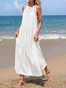 Women Summer Sleeveless Loose Dress Casual Hollow Out Halter Sleeveless Boho Long Sundress Spring Beach Holiday Vacation Valentine Long Maxi Dress - 白色 - 查看 4