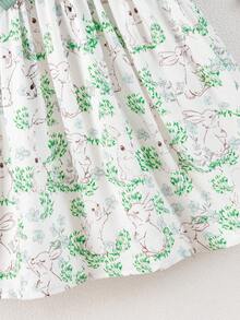 Young Girl Summer Fresh Mint Green Cap Sleeve Dress, Rabbit Print Cinched Waist Bow Design, Cute Sweet Girls A-Line Skirt - Green - View 10
