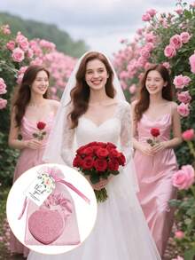 4pcs Pink Flashing Heart Folding Compact Mirrors & Hair Ties, Includes Thank You Card & Drawstring Bag, Suitable For Bridal Shower, Bachelorette Party, Birthday, Back To School, Mother's Day, Valentine's Day Gifts - Multicolor - View 2