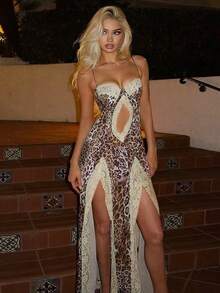 Women's 2026 Summer New Leopard Print Lace Slip Dress High Split Sexy - Họa tiết da báo - Xem 1
