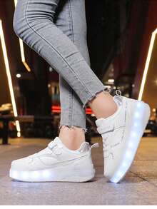 Teens Roller Skate Shoes, Wheeled Shoes, Double Wheel Roller Shoes, LED Rechargeable Luminous Shoes - White - View 5