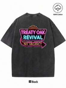 2026Men'S Summer T-Shirt -Treaty Oak Revival No Vacancy, Reversible Print Design, Retro Street Style, Round Neck, Short Sleeve, 230g Washed Cotton, Suitable For Everyday Casual, Door Wear,White Tops,Valentines Day Outfit,Mardi Gras,Summer Tops,  For Women,Valentine Outfits For Women,Women Tops,Fairycore,Superbowl,Trajes Elegantes De Mujer - 黑色 - 查看 2