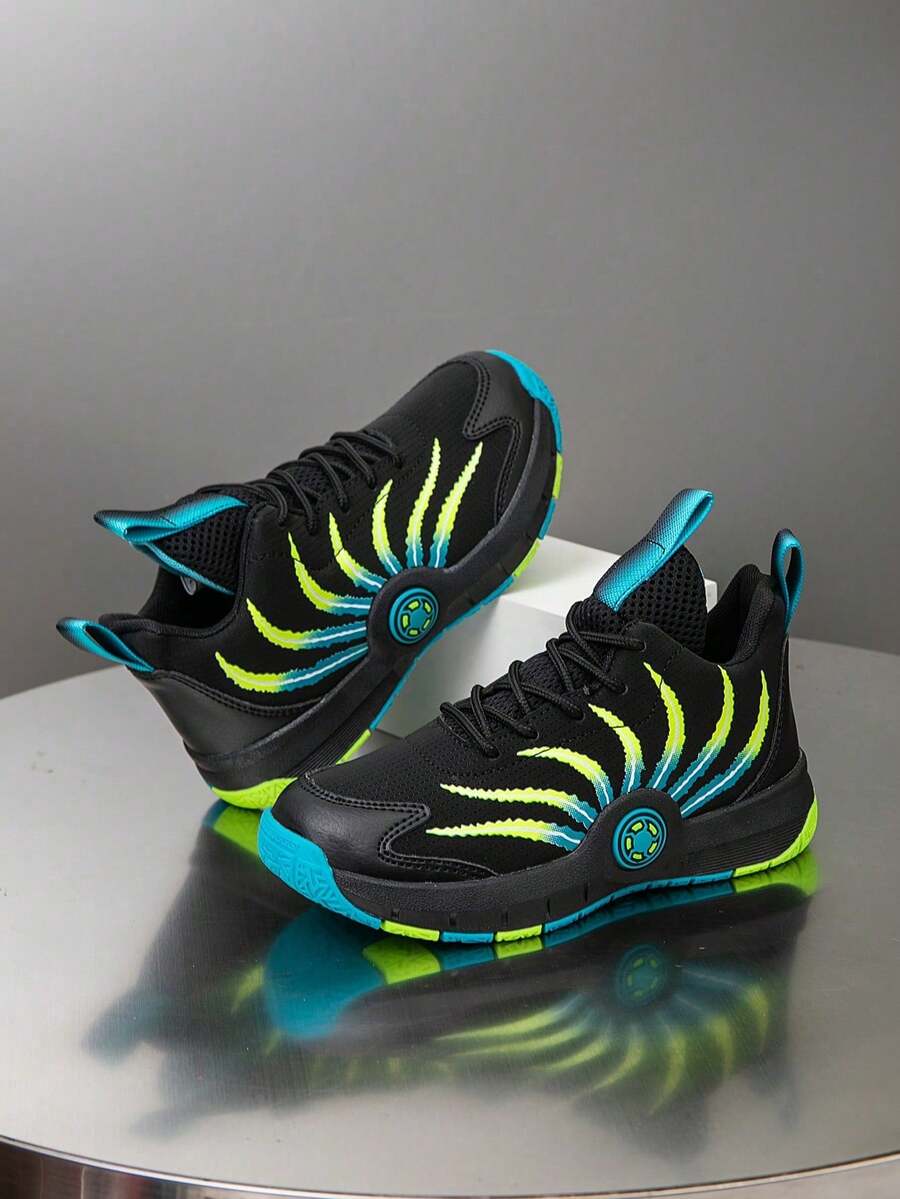 1 Pair Kids' Basketball Shoes, Fashionable Colorblock Breathable Outdoor Sports Shoes, Casual Sneakers For Boys - Green - View 1