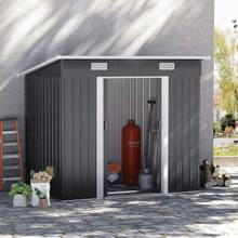 4x8ft Heavy-Duty Flat Top Tool Room/Outdoor Recycling Bins,Storage Room, Warehouse,Garden Metal Storage Room - With Integrated Base, Zinc Steel Frame+Double Sliding Door Design+2 Ventilation Grilles,Suitable For Storing Tools/Bicycles - Màu đen than - Xem 1