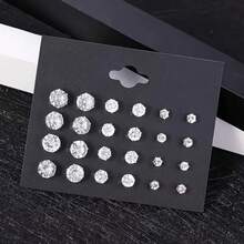 New 12 Pair Pack White Shiny Wedding Stud Earrings Set For Women Men Crystal Rhinestone Earrings Party Jewelry Accessories Gifts - A-03 - 查看 3