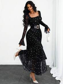 女士优雅、性感、现代、浪漫法式方领长袖连衣裙，Y2K风格，波点蝴蝶结印花，浪漫荷叶边，双层印花面料连衣裙，黑色，适合度假和春季穿着 - 黑色 - 查看 1