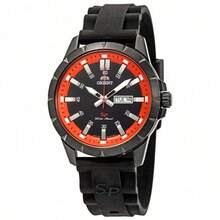Oriental Date Display Men's Quartz Watch, Black Dial, Orange Dial, Silicone Strap, Stainless Steel Case, Date Display, Suitable For Daily Life, Dates And Gifts, Casual Sports Style - Black - View 1