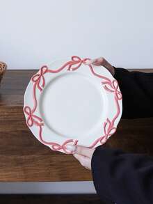 1pc Ceramic Plate With Butterfly Ribbon Decor, Elegant Pink Butterfly Salad/Dessert Plate, Suitable For Home Dining, Restaurant Dessert Display, Gift, Holiday Decoration