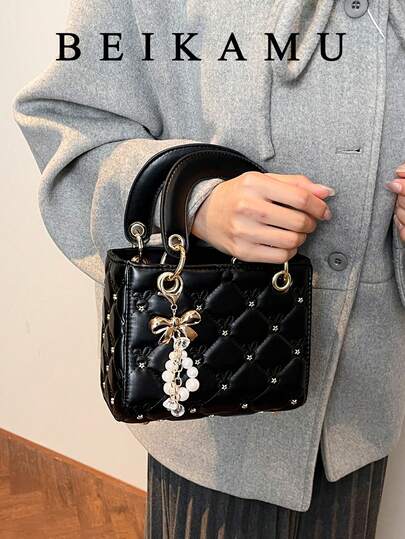 Modern och elegant enfärgad fyrkantig väska, quiltad design och mångsidig tygväska, rosettdekorerad handväska med dubbla handtag och justerbar axelrem, lämplig för universitet, pendling, shopping, fritidskläder