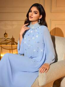 Solessence Elegant Long Sleeve Arabic Dress, Decorated With Pearl And 3D Rose Beaded Stand Collar, Woven Fabric - Sky Blue - View 4