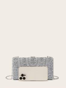 Conjunto de joyas con strass: collar, aretes y pulseras para bolso de embrague para fiesta, elegante bolso de embrague de plata con brillo de strass, romántico bolso de hombro con cadena para boda, primavera/verano, bolso de novia, embrague formal para baile de graduación, elegante bolso de vestido de noche, perfecto para fiesta, boda, cena/banquete formal - Plateado - Ver 8