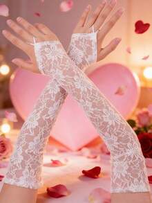 1 双蕾丝露指长袖套，轻薄透气，防紫外线，弹力性感遮盖纹身，驾驶用袖套 - 白色 - 查看 1