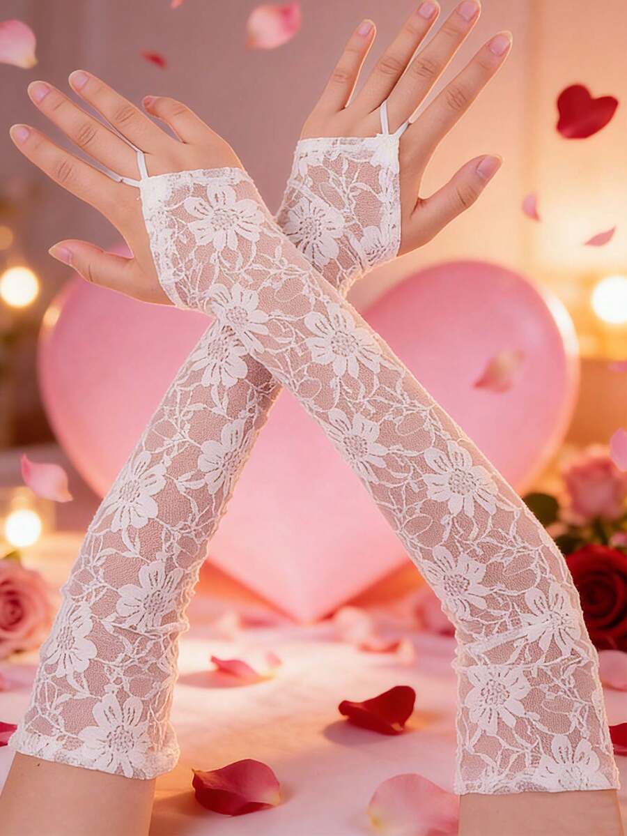 1 双蕾丝露指长袖套，轻薄透气，防紫外线，弹力性感遮盖纹身，驾驶用袖套 - 白色 - 查看 1