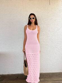 Women's Casual Hollow Out Sleeveless Knit Tank Dress For Beach Vacation, Summer Crochet Hollow Knit Beach Dress, Women's Vacation Bohemian V-Neck Cover Up Dress, Spring/Summer/Autumn - Baby Pink - View 7