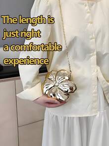 1 Stylish Solid Color Messenger Bag Metallic Flower Shape Evening Clutch Bag, For Wedding Party Formal Dress Accessory, Lipstick, Coin Purse, Jewelry Pouch, With Detachable Chain Strap, Chic Gift For Her - 金色 - 查看 4