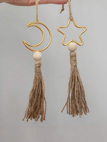 2Pcs Ramadan Crescent Moon And Star Tassel Decoration, Iron Hanging Ornament For Eid Al-Adha, Wedding, Valentine's Day, Birthday Hanging Decoration