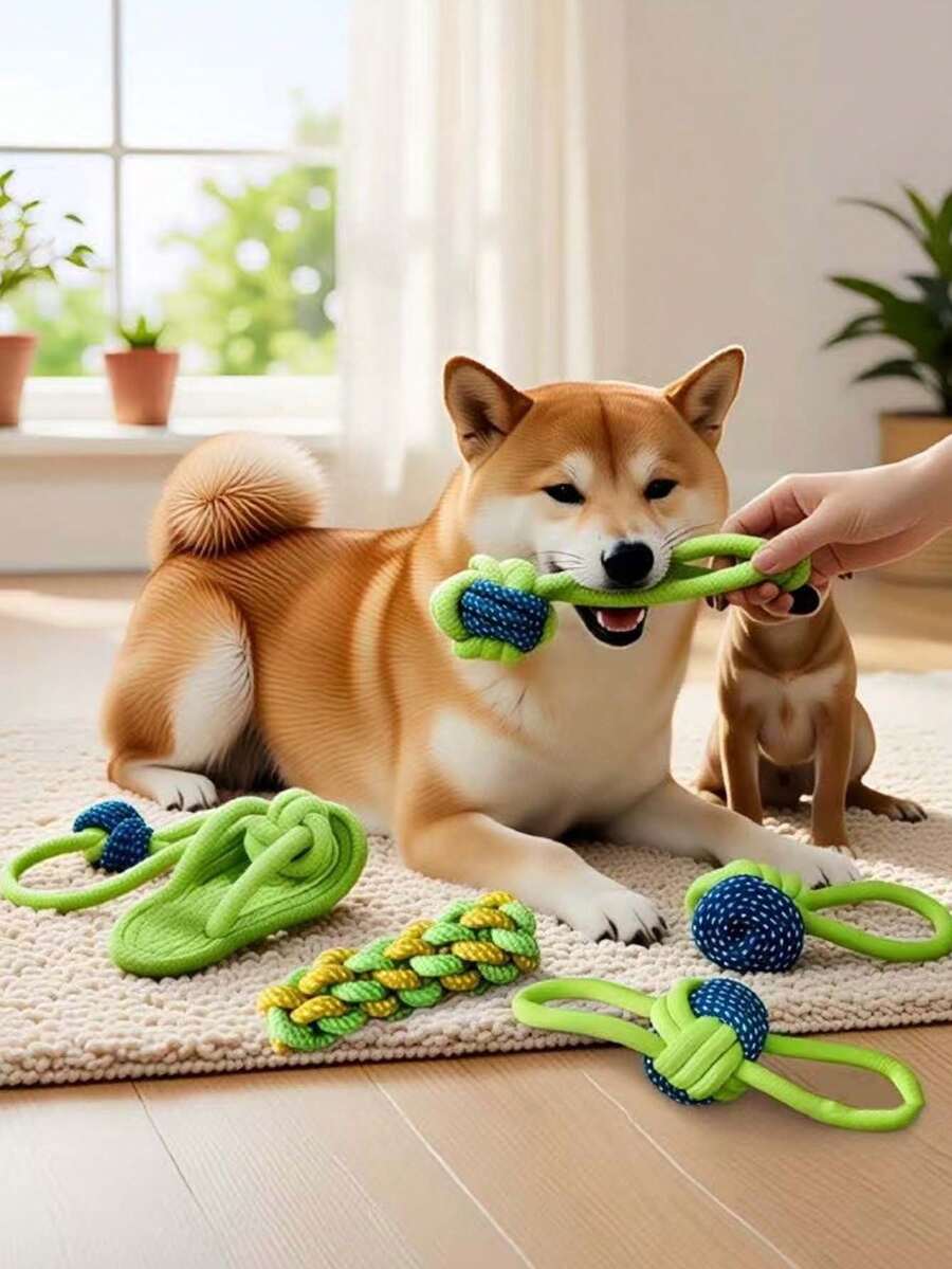 7件套狗狗磨牙玩具，编织绳训练玩耍玩具，适合户外狗狗拔河互动玩具，磨牙玩具，适合爱啃咬的狗狗，帮助清洁牙齿，适合中大型犬。 - 彩色 - 查看 1