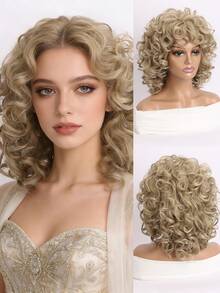 1pc 100% Density Golden Curly Wig, Women | Heat Resistant Fiber | Party | Voluminous Style - Multicolor - View 3