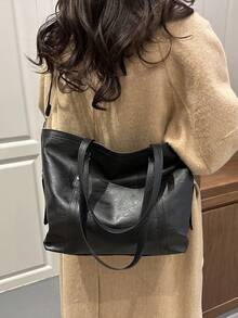 Large Capacity Women's Leather Shoulder Bag, Versatile College Style Casual Crossbody Bag, Student Commuter Bag, Spring - Black - View 2