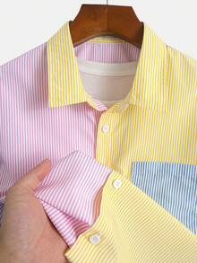 男士休闲条纹 Polo 领撞色短袖衬衫和短裤两件套，时尚百搭 - 粉色 - 查看 4