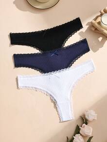 3条装棉质蕾丝拼接无缝丁字裤，透气弹力女士内裤 - 彩色 - 查看 4