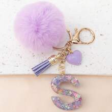 Móc khóa chữ cái A-Z bằng nhựa đính kim sa hình quả cầu len dễ thương, phụ kiện ví & túi xách, đồ trang trí treo balo, mặt dây chuyền xe hơi, quà tặng cho bé gái. - Màu tím hoa cà - Xem 5