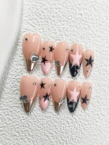 10片Y2K可爱少女美甲贴纸，亚克力美甲套装，心形水钻装饰，黑、粉、银三色组合，星星美甲贴纸，包含指甲锉（1片果冻贴纸+1片指甲锉），3种尺寸：杏仁形、鸭嘴形、棺材形，适合通勤、派对、日常、节日美甲 - 彩色 - 查看 17