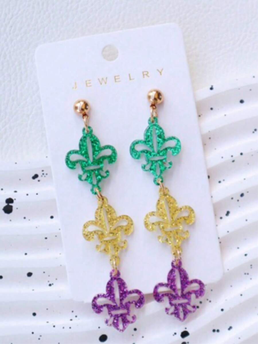 1 paire de boucles d'oreilles de carnaval en acrylique, boucles d'oreilles pendantes triples brillantes, bijoux cadeaux pour fête et festival (sans carte) - Multicolore - Voir 1